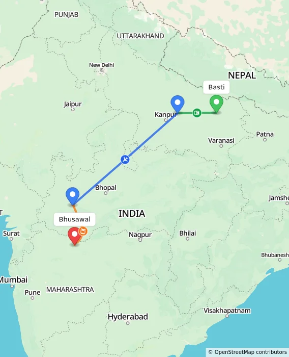 Route map showing distance and travel time from Basti, India to Bhusawal, India