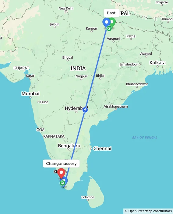 Route map showing distance and travel time from Basti, India to Changanassery, India