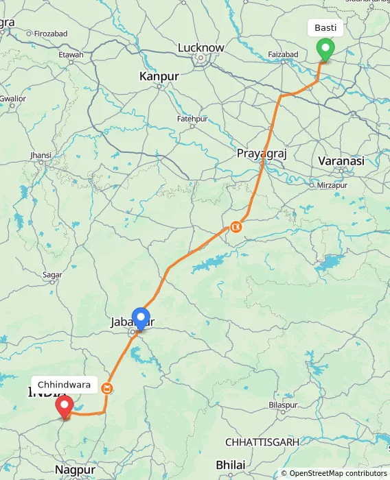 Route map showing distance and travel time from Basti, India to Chhindwara, India