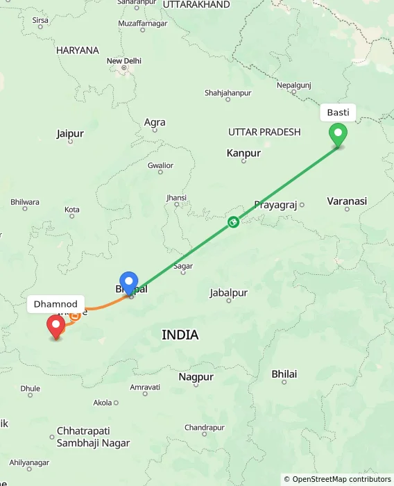 Route map showing distance and travel time from Basti, India to Dhamnod, India