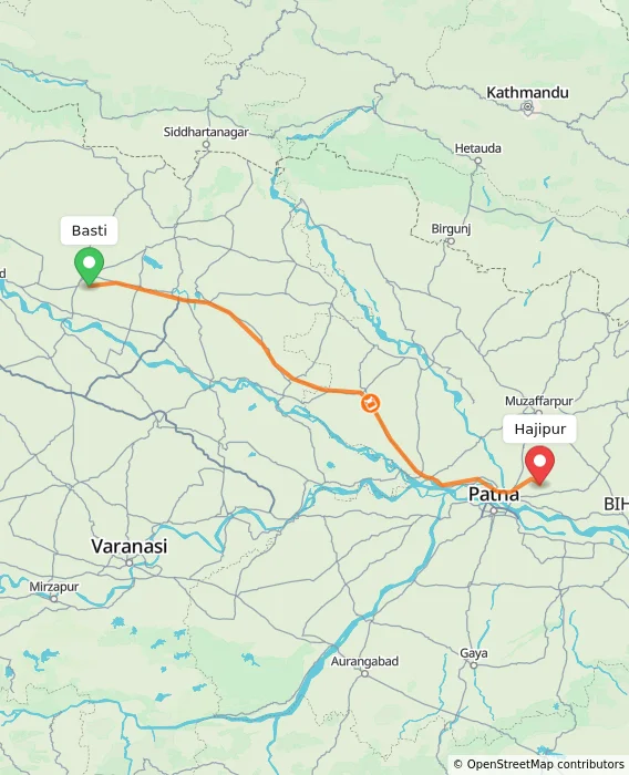 Route map showing distance and travel time from Basti, India to Hajipur, India