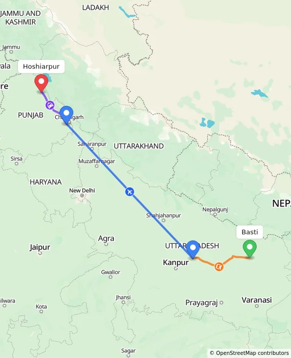 Route map showing distance and travel time from Basti, India to Hoshiarpur, India