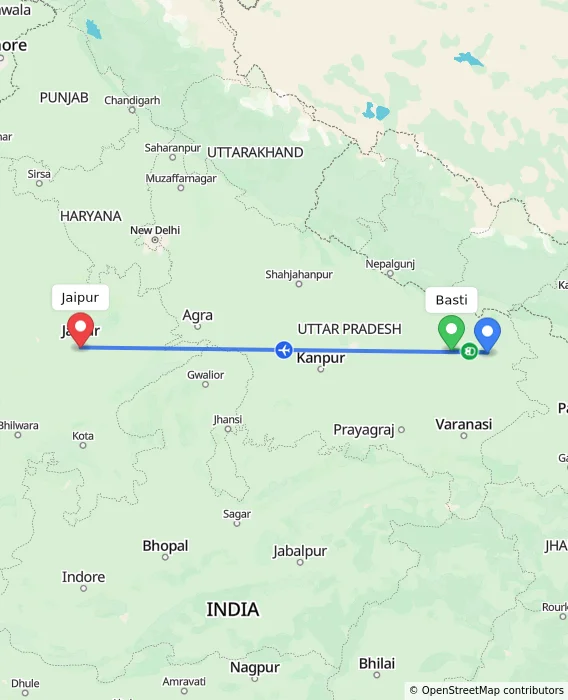 Route map showing distance and travel time from Basti, India to Jaipur, India