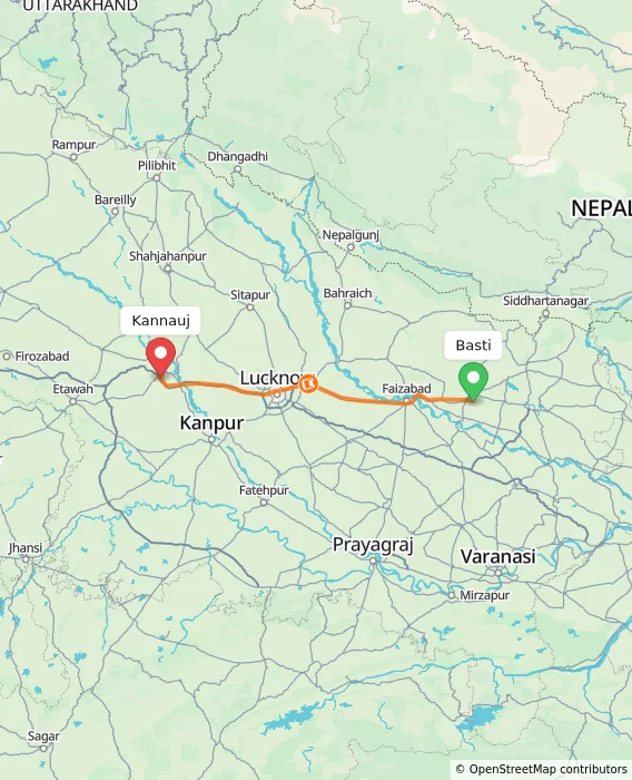 Route map showing distance and travel time from Basti, India to Kannauj, India