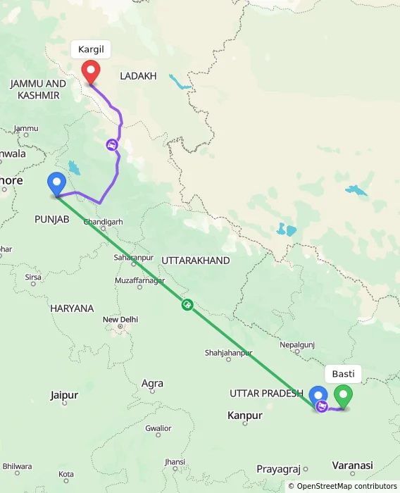 Route map showing distance and travel time from Basti, India to Kargil, India