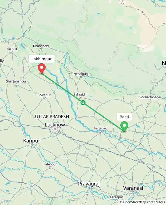 Route map showing distance and travel time from Basti, India to Lakhimpur, India