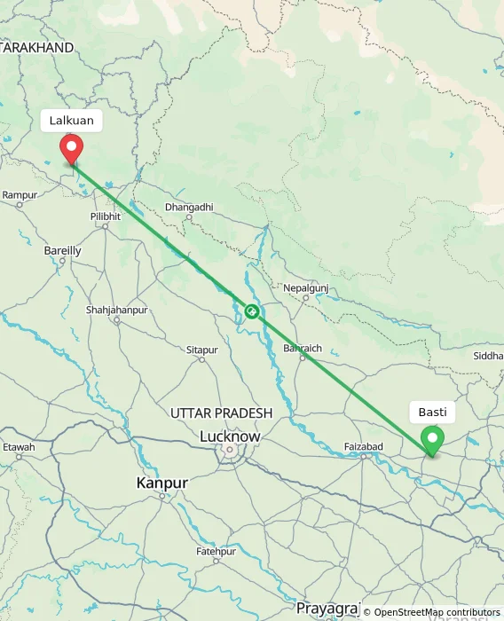 Route map showing distance and travel time from Basti, India to Lalkuan, India