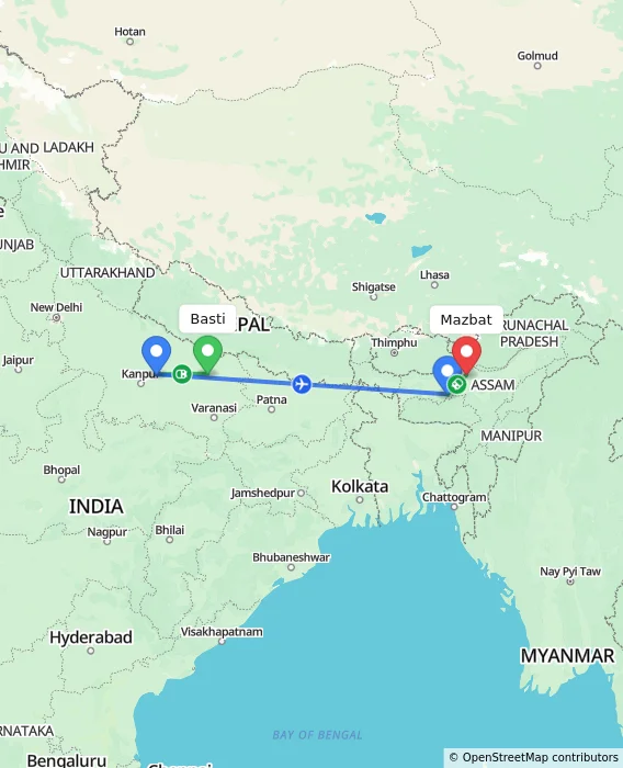 Route map showing distance and travel time from Basti, India to Mazbat, India