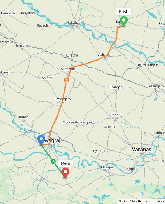 Route map showing distance and travel time from Basti, India to Meja, India