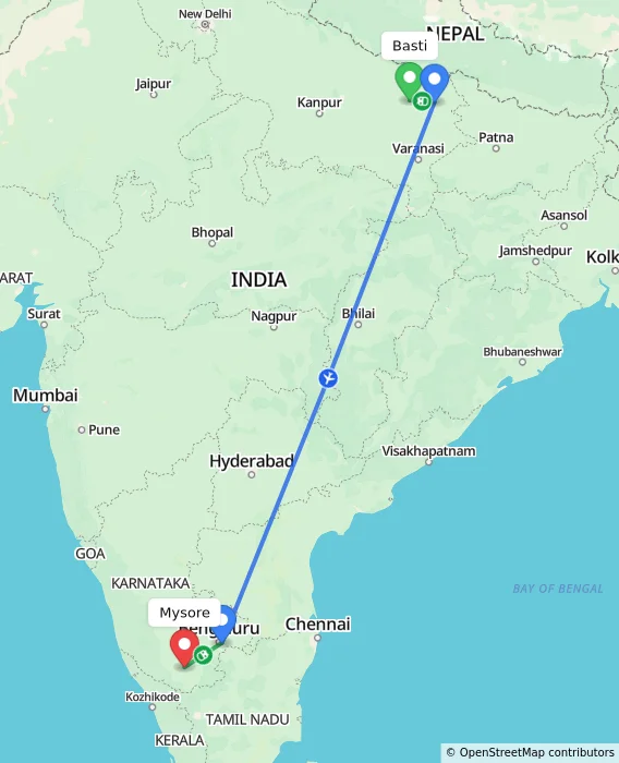 Route map showing distance and travel time from Basti, India to Mysore, India