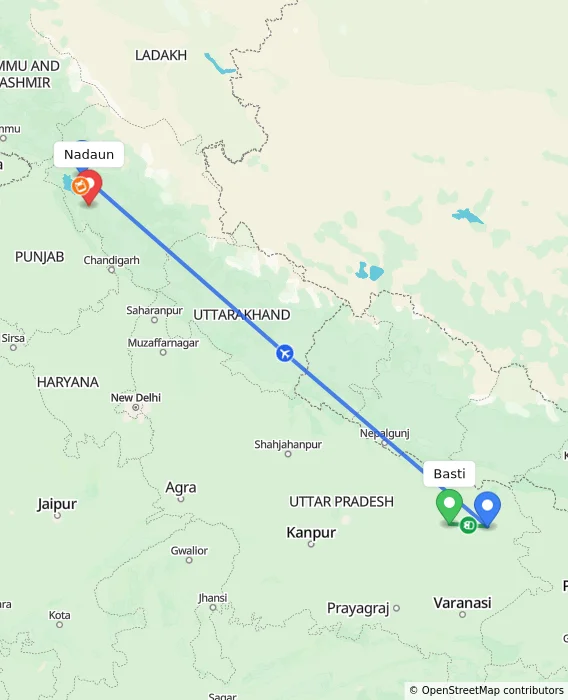 Route map showing distance and travel time from Basti, India to Nadaun, India