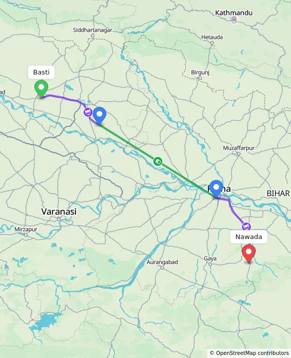 Route map showing distance and travel time from Basti, India to Nawada, India