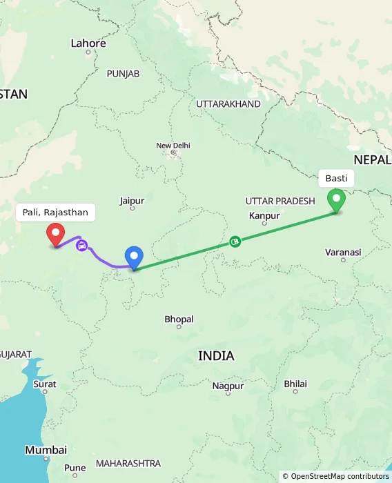 Route map showing distance and travel time from Basti, India to Pali, Rajasthan, India