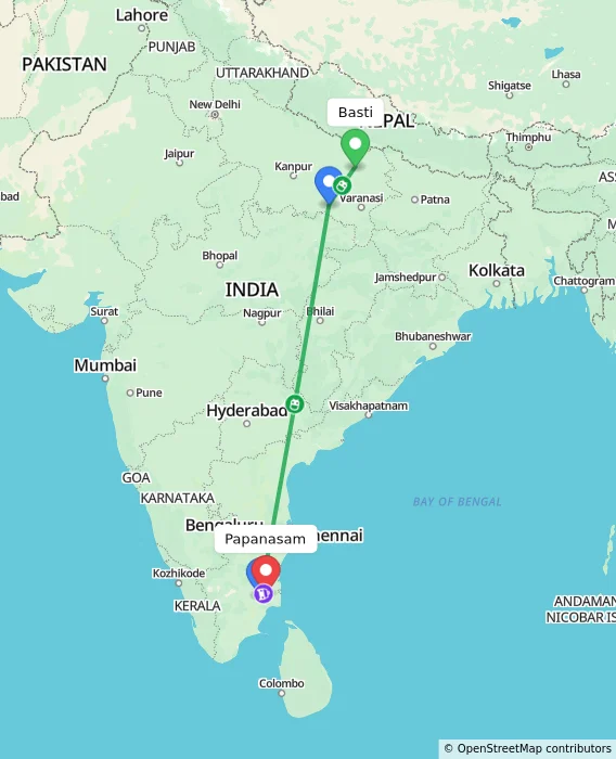 Route map showing distance and travel time from Basti, India to Papanasam, India
