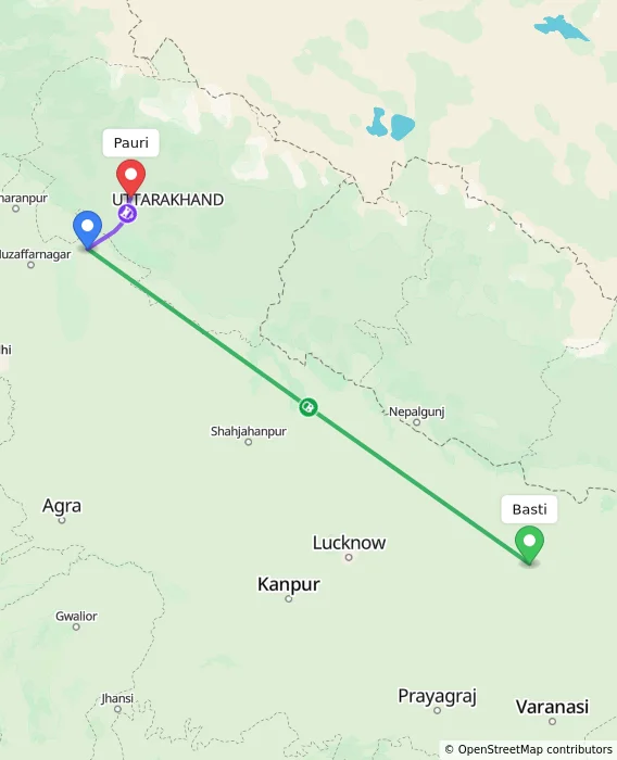 Route map showing distance and travel time from Basti, India to Pauri, India