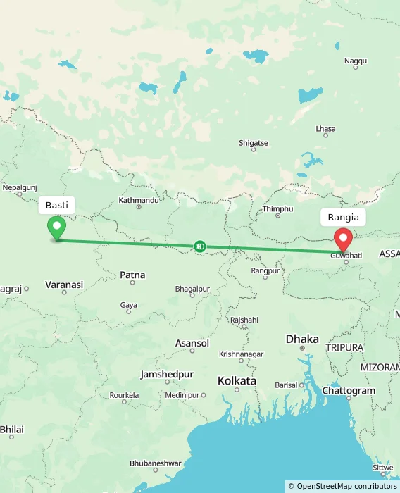 Route map showing distance and travel time from Basti, India to Rangia, India