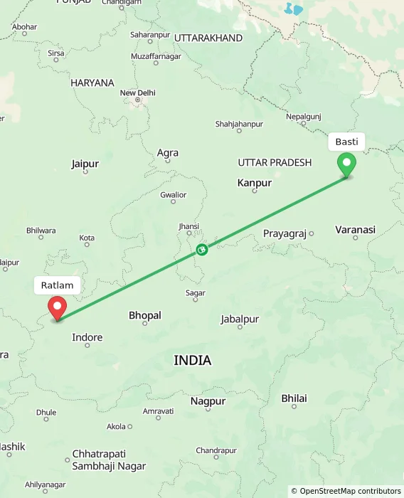 Route map showing distance and travel time from Basti, India to Ratlam, India