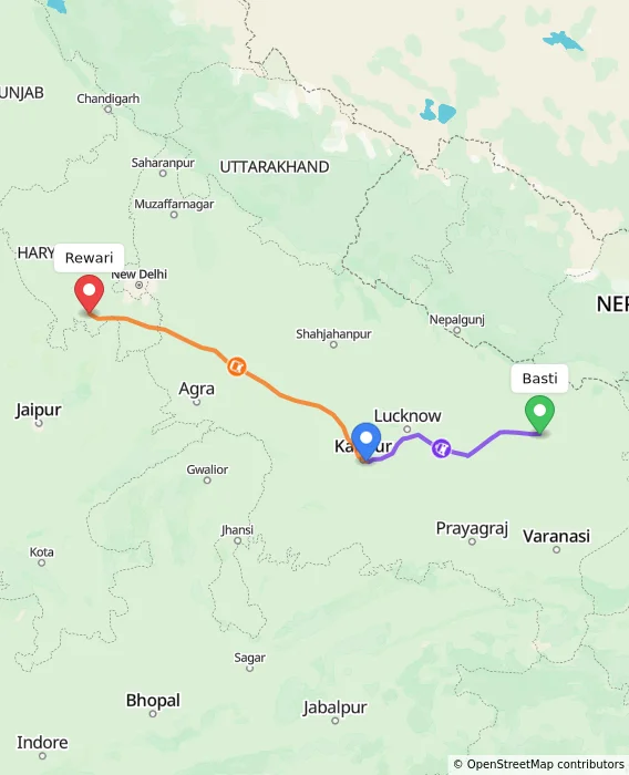 Route map showing distance and travel time from Basti, India to Rewari, India