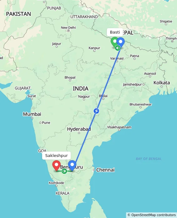Route map showing distance and travel time from Basti, India to Sakleshpur, India
