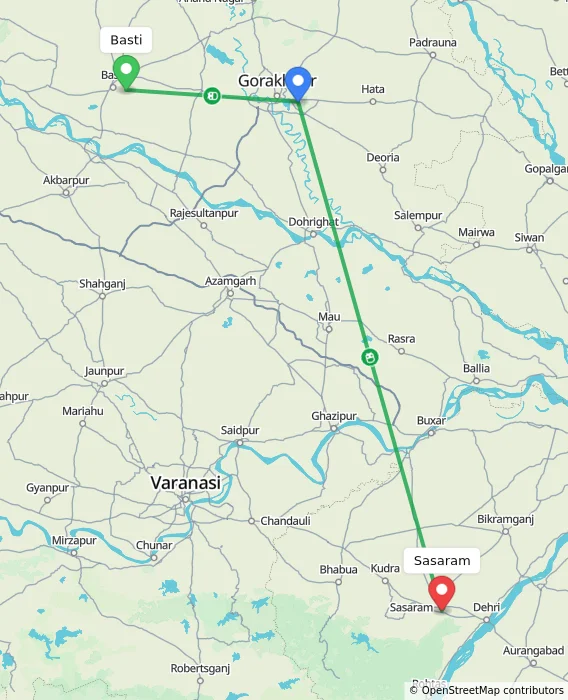 Route map showing distance and travel time from Basti, India to Sasaram, India