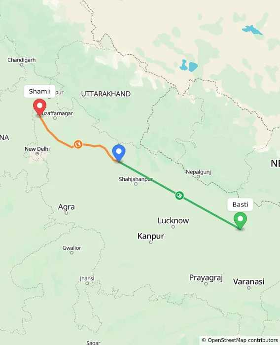 Route map showing distance and travel time from Basti, India to Shamli, India