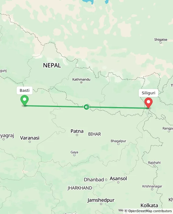 Route map showing distance and travel time from Basti, India to Siliguri, India