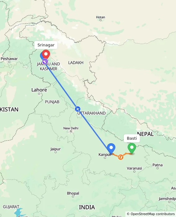 Route map showing distance and travel time from Basti, India to Srinagar, India