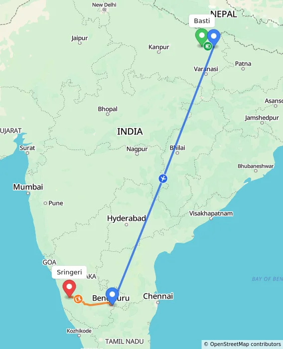 Route map showing distance and travel time from Basti, India to Sringeri, India