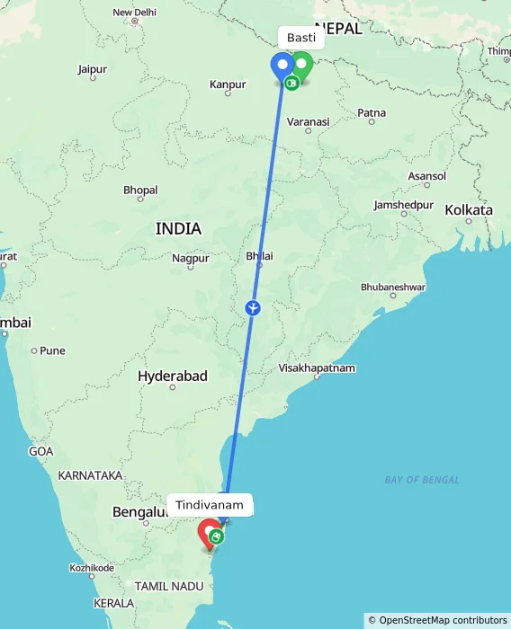 Route map showing distance and travel time from Basti, India to Tindivanam, India