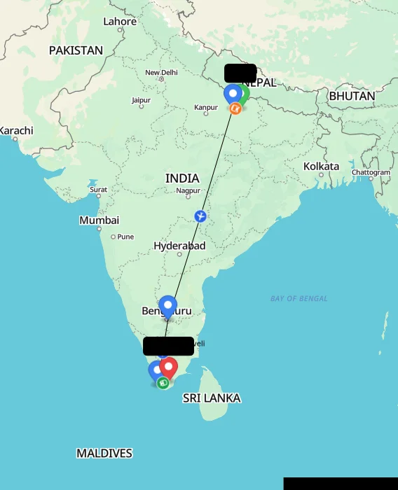 Route map showing distance and travel time from Basti, India to Tirunelveli, India
