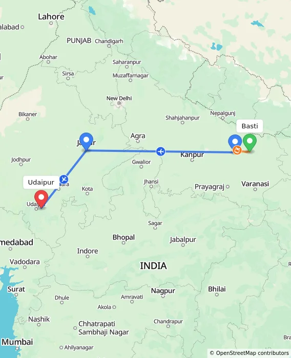 Route map showing distance and travel time from Basti, India to Udaipur, India