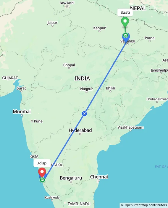 Route map showing distance and travel time from Basti, India to Udupi, India