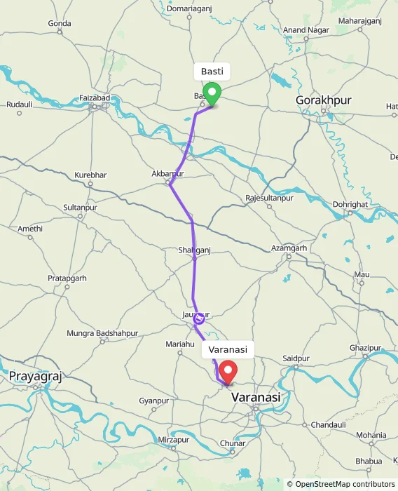 Route map showing distance and travel time from Basti, India to Varanasi, India