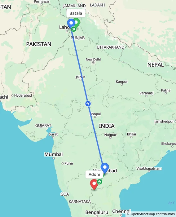 Route map showing distance and travel time from Batala, India to Adoni, India