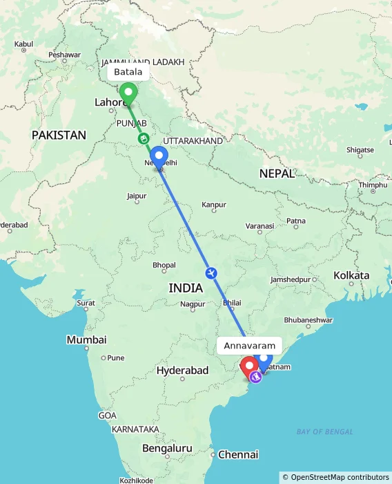 Route map showing distance and travel time from Batala, India to Annavaram, India