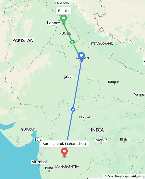 Route map showing distance and travel time from Batala, India to Aurangabad, Maharashtra, India