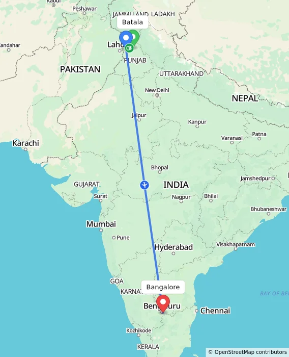 Route map showing distance and travel time from Batala, India to Bangalore, India