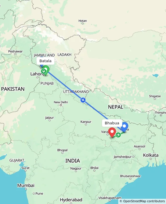 Route map showing distance and travel time from Batala, India to Bhabua, India