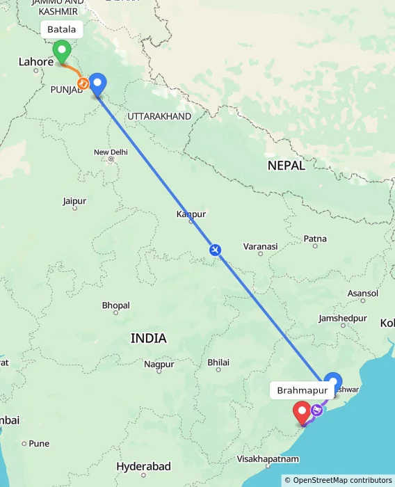 Route map showing distance and travel time from Batala, India to Brahmapur, India