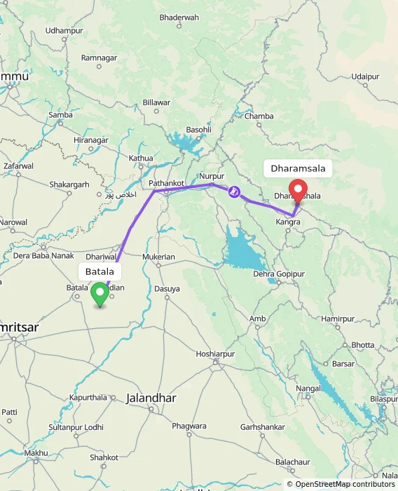Route map showing distance and travel time from Batala, India to Dharamsala, India