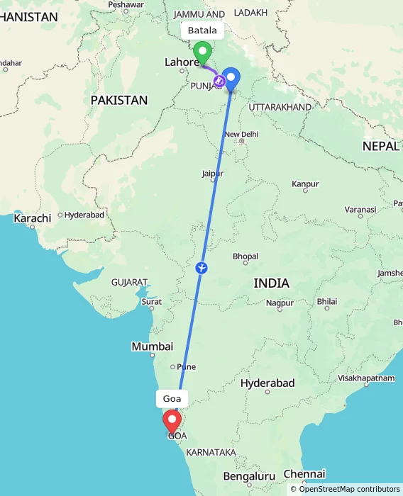 Route map showing distance and travel time from Batala, India to Goa, India