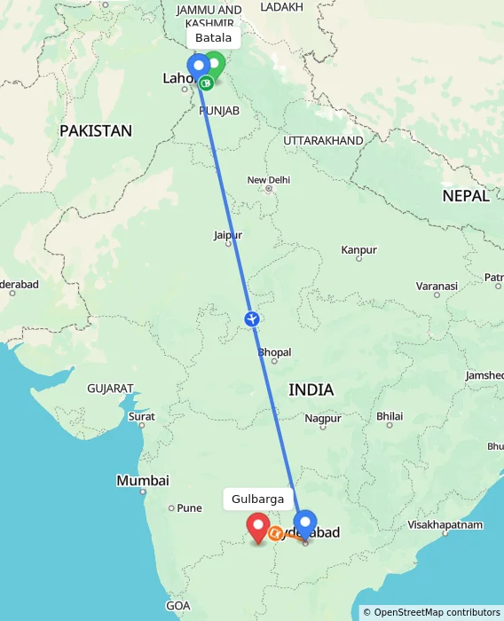 Route map showing distance and travel time from Batala, India to Gulbarga, India