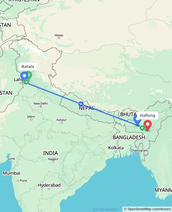 Route map showing distance and travel time from Batala, India to Haflong, India