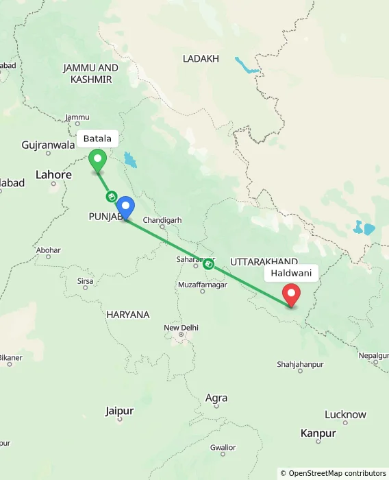 Route map showing distance and travel time from Batala, India to Haldwani, India