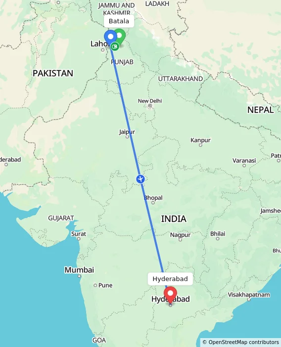 Route map showing distance and travel time from Batala, India to Hyderabad, India