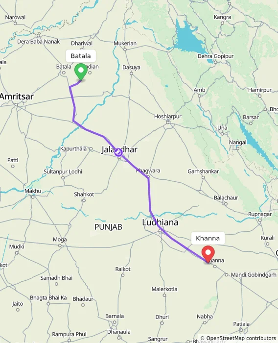 Route map showing distance and travel time from Batala, India to Khanna, India
