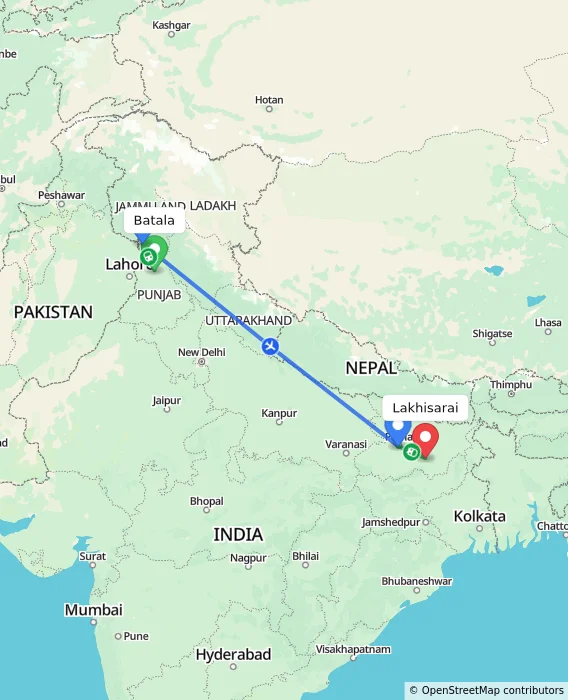 Route map showing distance and travel time from Batala, India to Lakhisarai, India