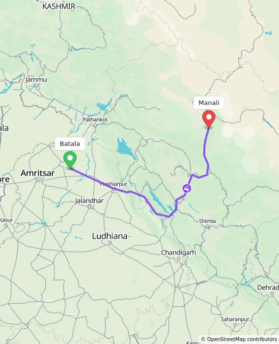 Route map showing distance and travel time from Batala, India to Manali, India