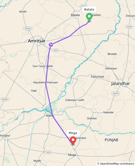 Route map showing distance and travel time from Batala, India to Moga, India