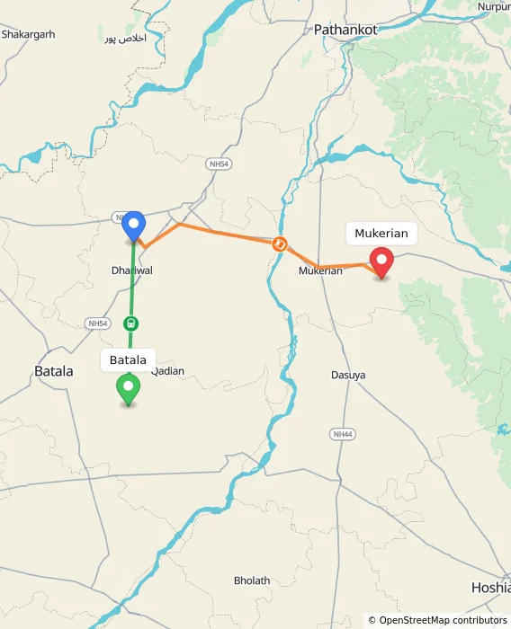 Route map showing distance and travel time from Batala, India to Mukerian, India